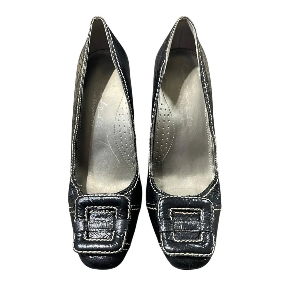Italian Shoemakers Contesa Women 7 Pumps Square Toe Contrast Stitch Leather Blac